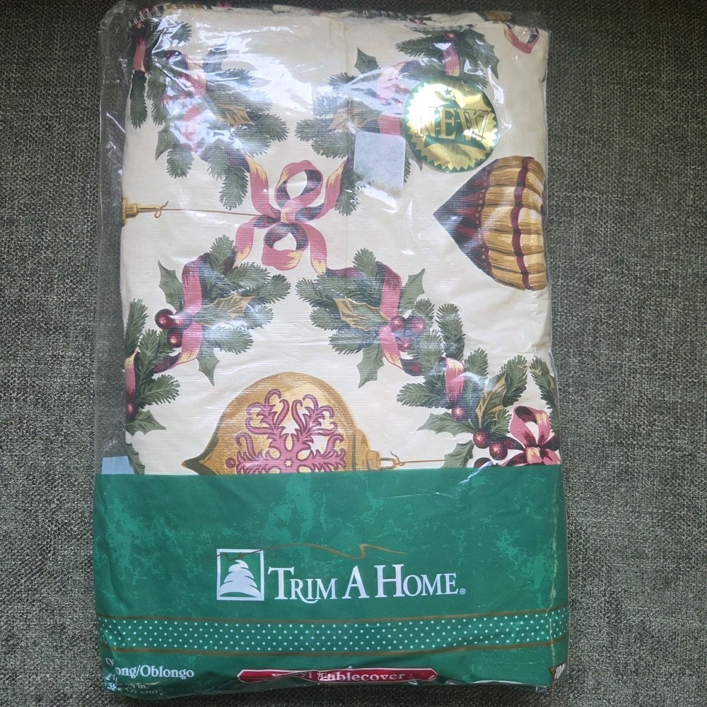 VTG Trim A Home Christmas Vinyl Tablecloth 52x70 Flannel Backed Bows Bulbs